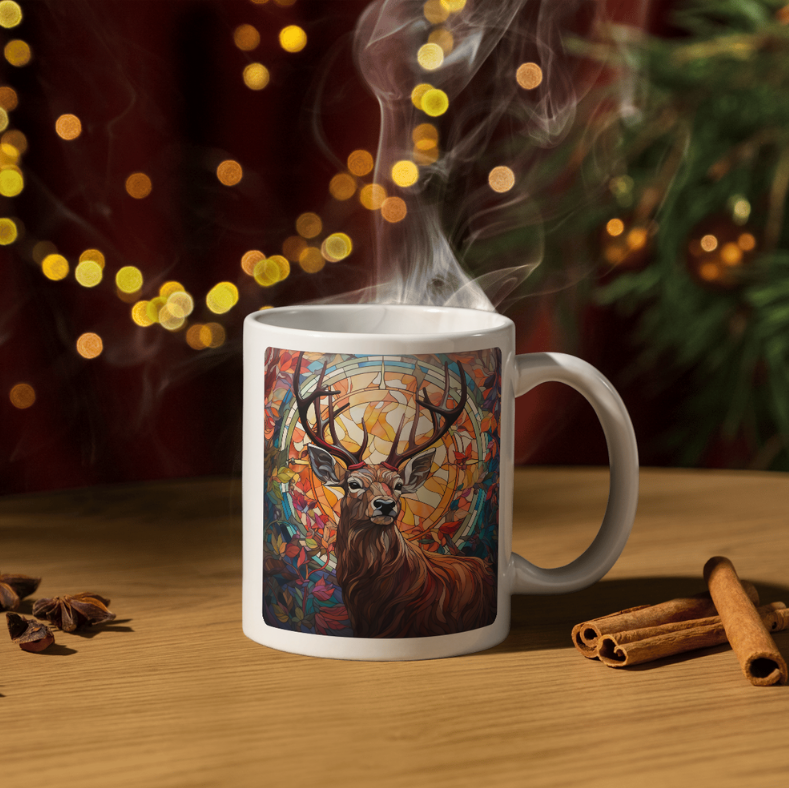 Steaming mug with a deer design on a wooden table with cinnamon sticks and star anise, blurred lights in the background